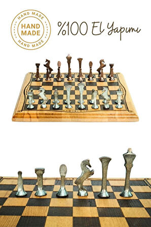 MC52 Metal Satranç Takımı | El Yapımı Doğal Ahşap Kayın Tahta | Antik Metal Taşlar