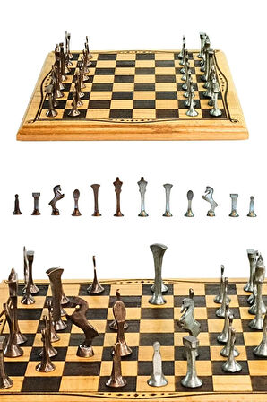 MC52 Metal Satranç Takımı | El Yapımı Doğal Ahşap Kayın Tahta | Antik Metal Taşlar