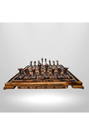 MC01 Metal Satranç Takımı - Doğal Ahşap Ceviz Tahta - El Yapımı Antik Metal Taşlar