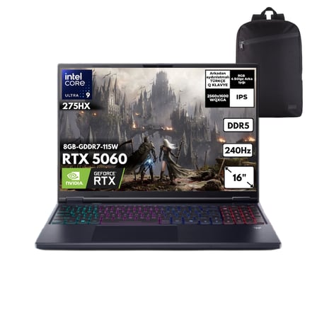 Acer Predator Helios Neo 16 Ultra 9-275HX 64-GBDDR5 1 TBSSD RTX5060 (8GB-GDDR7-115W) 16" WQXGA 240Hz Freedos + QB Sırt Çantası NH.QVUEY.001QB2
