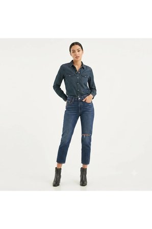 501 Pamuklu Yüksek Bel Straight Fit Kısa Paça Jeans KOT PANTOLON-yırtık detaylı -0290 Lacivert / 27-28