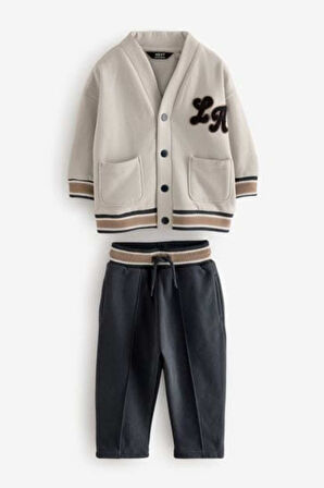 Next Baby Pamuklu Krem Hırka Kömür Grisi Jogger Pantolon Alt Üst Takım