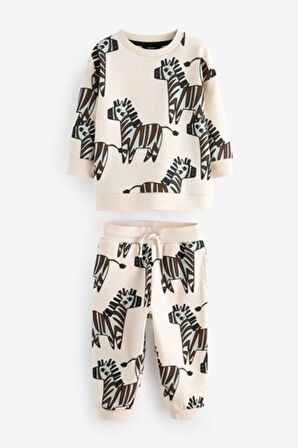 Next Baby Pamuklu Ekru Zebra Desenli Uzun Kollu Alt Üst Takım