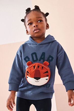 Next Baby Pamuklu Mavi Kaplan Desenli Uzun Kollu Çantalı Kapüşonlu Alt Üst Takım