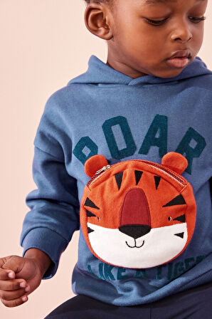 Next Baby Pamuklu Mavi Kaplan Desenli Uzun Kollu Çantalı Kapüşonlu Alt Üst Takım