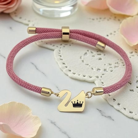 14 Ayar Altın Plakalı Krallık Tacı Temalı Kuğu Kuşu Motifli Pembe İpek Örgülü Hediye Bileklik-609
