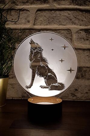 Kurt Ve Yıldızlar Led Masa Lambası Ahşap Taban 7 Farklı Işık Renkli Hediye Dekoratif Aydınlatma