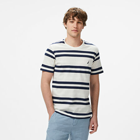 Nautica Erkek Krem Regular Fit Çizgili T-Shirt