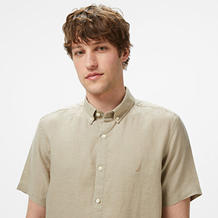 Nautica Erkek Bej Classic Fit Keten Gömlek