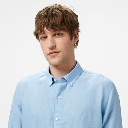 Nautica Erkek Mavi Classic Fit Keten Gömlek