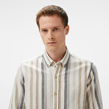 Nautica Erkek Kahverengi Classic Fit Çizgili Gömlek