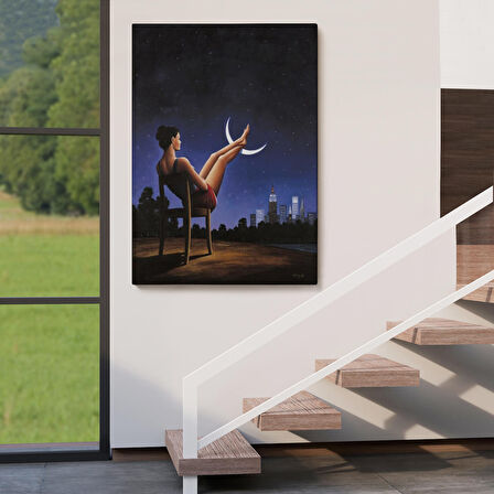 Ay'a Ayaklarını Koyup Dinlenen Kadın, Sürreal Sanat Tablosu-6091