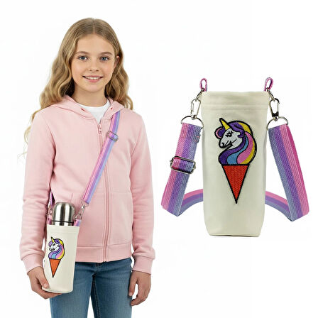 Woodycord 0,5 Litrelik Matara Kılıfı Su Şişesi Taşıma Çantası Külahta Unicorn Temalı 