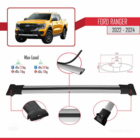 Ford Ranger (P703) 2022-2024 Arası ile Uyumlu FLY Model Ara Atkı Tavan Barı Gri 3 Adet