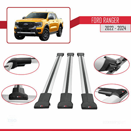 Ford Ranger (P703) 2022-2024 Arası ile Uyumlu FLY Model Ara Atkı Tavan Barı Gri 3 Adet