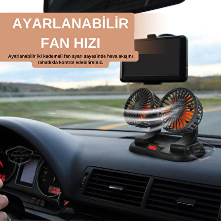 Üniversal Oto Ofis Araç İçi Torpido Üstü Vantilatör Çift Başlıklı Çakmaklık Girişli 2 Kademeli Soğutucu Fan 360° Dönebilen Ultra Sessiz Oynar Başlıklı Araç Fanı 12V