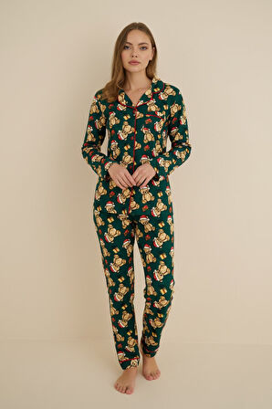 Kadın Gömlek Yaka Önden Düğmeli Saten Biyeli Göğüs Cepli İnce Süet Kışlık Uzun Kol Pijama Takımı