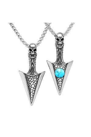 Erkek Çelik Kolye - Kuru Kafa Ok Mızrak Ucu Model  Turkuaz Taşlı Erkek Çelik Kolye