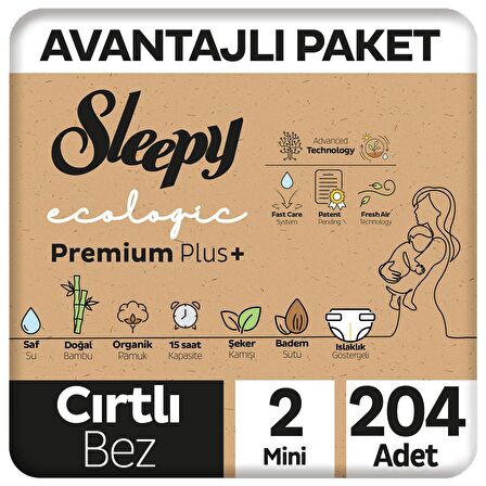 Sleepy Ecologic Premium Plus Avantajlı Paket Bebek Bezi 2 Numara Mini 204 Adet