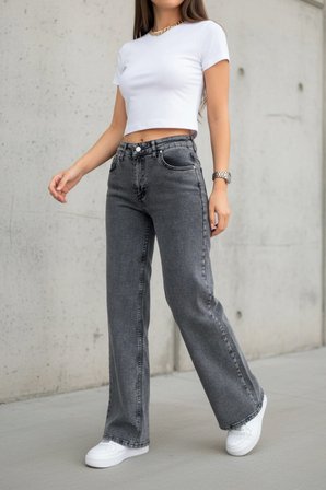 Nova Kadın Yüksek Bel Füme Salaş Jeans Wide Leg Geniş Paça Palazzo Kot Pantolon