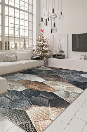 Her Karede Denge Şık ve Yıkanabilir Geometrik Kaymaz Taban Halı