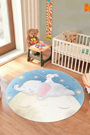 Ay Üstünde Bir Masal Tavşanlı ve Fil Temalı Yuvarlak Kaymaz Taban Halı