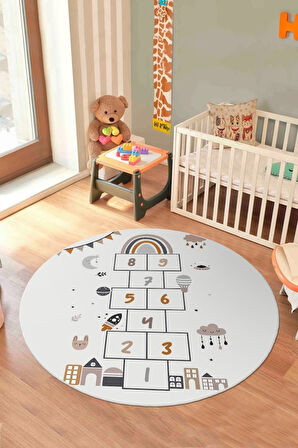 Ayda Oyun Var: Seksek Desenli Eğlenceli Yuvarlak Çocuk Halısı - Kaymaz Taban