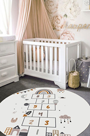 Ayda Oyun Var: Seksek Desenli Eğlenceli Yuvarlak Çocuk Halısı - Kaymaz Taban