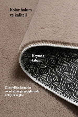 Modern Saçaklı Kaymaz Taban Tavşan Tüyü Kolay Temizlenebilir Yıkanabilir Salon Oturma Odası Yolluk Mutfak Halısı Açık Kahverengi Renk