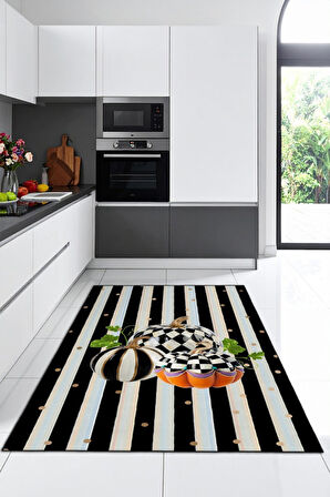 Modern Mutfaklara Masalsı Dokunuş: Balkabağı Desenli Tasarım Siyah Beyaz Halı