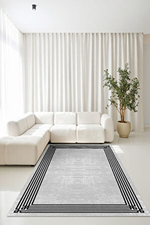 Sadelikte Derinlik Gri ve Siyahın Buluştuğu Halı- Kaymaz Taban