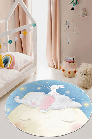 Ay Üstünde Bir Masal Tavşanlı ve Fil Temalı Yuvarlak Kaymaz Taban Halı