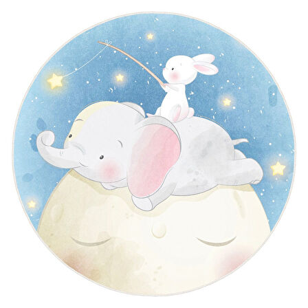 Ay Üstünde Bir Masal Tavşanlı ve Fil Temalı Yuvarlak Kaymaz Taban Halı