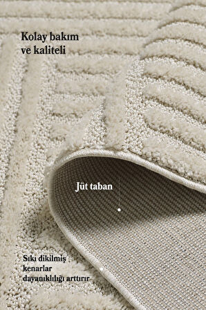 Yumuşak Peluş Tüylü İskandinav desenli Kabarık Bukleli Krem Renkli Halı