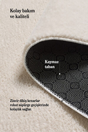 Modern Saçaklı Kaymaz Taban Tavşan Tüyü Kolay Temizlenebilir Yıkanabilir Salon Oturma Odası Yolluk Mutfak Halısı Krem Renk