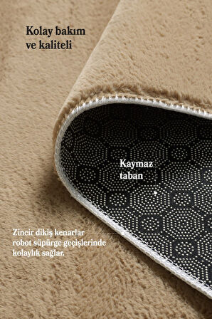 Modern Saçaklı Kaymaz Taban Tavşan Tüyü Kolay Temizlenebilir Yıkanabilir Salon Oturma Odası Yolluk Mutfak Halısı Bej Renk