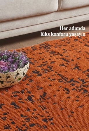 Bohem Tarz Geometrik Desenli Pamuk Taban Turuncu Renk Şönil Kilim