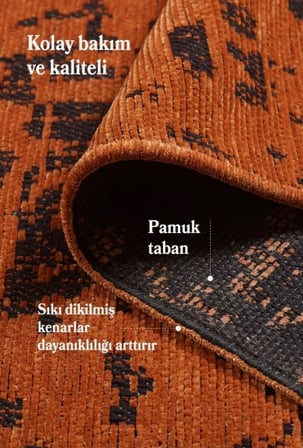 Bohem Tarz Geometrik Desenli Pamuk Taban Turuncu Renk Şönil Kilim