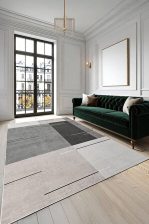 Çizgilerle Düşün, Karelerle Hisset Katmanlı Gri Desenli Kaymaz Taban Halı