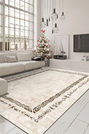 Zeminde Geleneksel İzler  Geometrik Motifli Bej Renkli Kaymaz Taban Halı