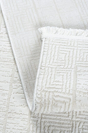Grid Motifli Geometri Modern Tasarımlı Pamuk Tabanlı Salon - Oturma Odası  Krem Renk Halı