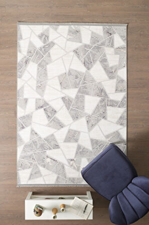 Modern Tasarımlı Pamuk Tabanlı Geometrik Desenli Saçaklı Siyah Renkli Halı