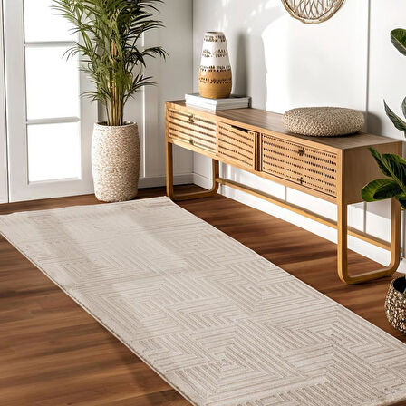 Kabartmalı Yumuşak Geometrik Desenli İskandinav Bohem Tarzı Halı Bej tonlarında