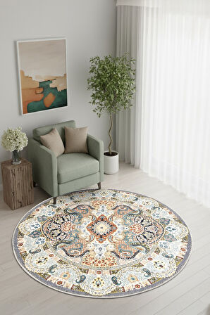 Zeminde Bir Dönüş Yuvarlak Medalyonlu Halı Tasarımı - Kaymaz Taban