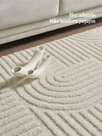 Yumuşak Peluş Tüylü İskandinav desenli Kabarık Bukleli Krem Renkli Halı