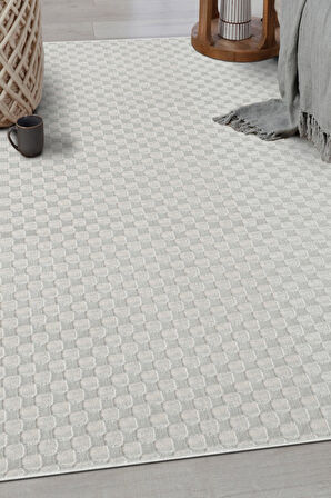 Pamuk Tabanlı Modern Tasarımlı  Sisal Dama Krem Renk Halı