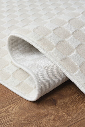 Pamuk Tabanlı Modern Dama Tasarımlı  Sisal Yaprak Krem Renk Halı