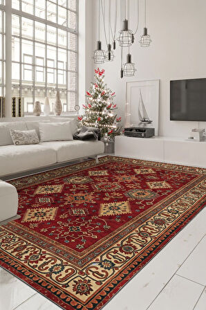 Gelenekten İlham, Modernlikten Stil Kırmızı Desenli Kaymaz Taban Salon Halısı