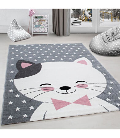 Sevimli Kedi ve Yıldız Desenli Çocuk halısı  Gri-Pembe-Beyaz