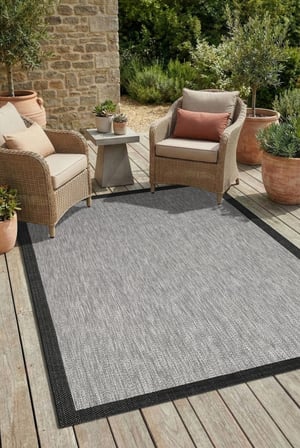Çerçeveli Bohem Dokunuşlu Doğal Tonlarda Modern Sisal  Siyah Gri Renk Halı